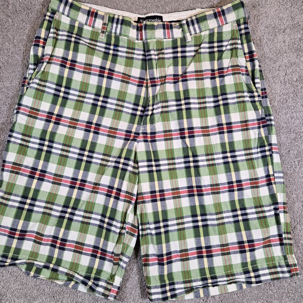 Abercrombie & Fitch Shorts Mens 32 Green Blue Plaid Madras Chino Flat Front Y2K